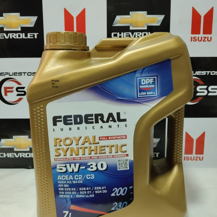 Lubricante Sintetico full Federal 5w-30, ACEA/C2-C3 Diesel y Bencinero. 7 Litros.